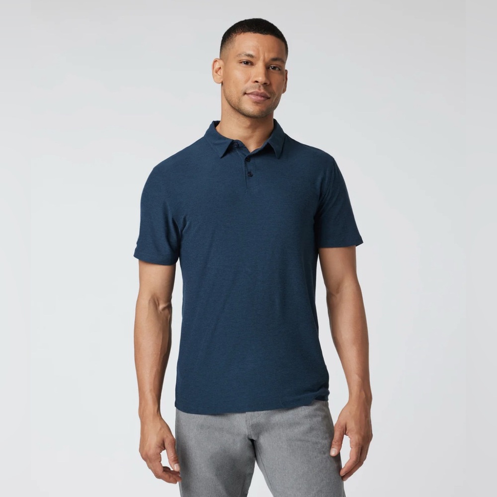Vuori Men Navy Heather Blue Strato Tech Performance Stretch Polo Shirt